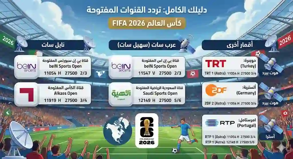 تردد القنوات المفتوحة الناقلة لمباريات كأس العالم 2026